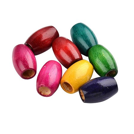 NBEADS 500pcs Dyed Barrel Wood Beads, Lead Free, Mixed Color, 28~30x20mm, Hole: 8.5~10.5mm