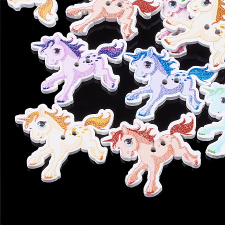 2-Hole Printed Wooden Buttons, Lead Free, Dyed, Unicorn, Mixed Color, 31.5x27x2.5mm, Hole: 2mm