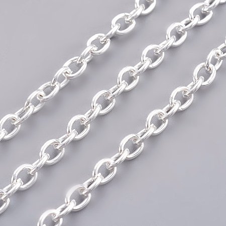 Honeyhandy Iron Cable Chains, Unwelded, with Spool, Oval, Lead Free, Silver Color, 5x3x1mm, about 32.8 Feet(10m)/roll