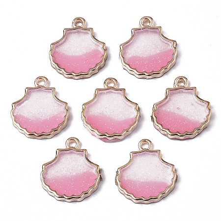 ARRICRAFT Alloy Resin Pendants, with Glitter Powder, Scallop Shell Shape, Lead Free, Golden, Pearl Pink, 18x16x2.5mm, Hole: 1.6mm