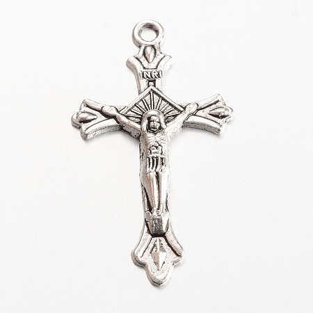 Honeyhandy Tibetan Style Alloy Pendants, For Easter, Crucifix Cross, Cadmium Free & Lead Free, Antique Silver, 32x18x2mm, Hole: 1.5mm
