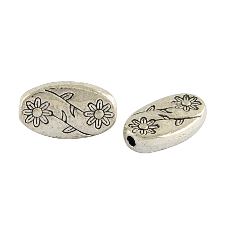 Honeyhandy Oval with Flower Tibetan Style Alloy Beads, Cadmium Free & Lead Free, Antique Silver, 10x6x2.5mm, Hole: 1.5mm