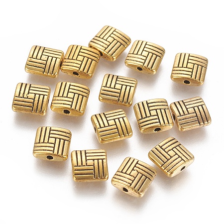 Honeyhandy Tibetan Style Alloy Square Carved Stripes Beads, Cadmium Free & Lead Free, Antique Golden, 8x8x3mm, Hole: 1mm