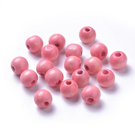 Honeyhandy Dyed Natural Wood Beads, Round, Lead Free, Pink, 12x11mm, Hole: 4mm