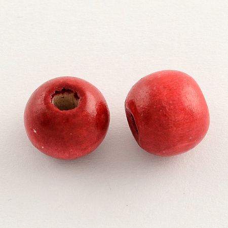 Honeyhandy Dyed Natural Wood Beads, Round, Lead Free, Red, 8x7mm, Hole: 3mm