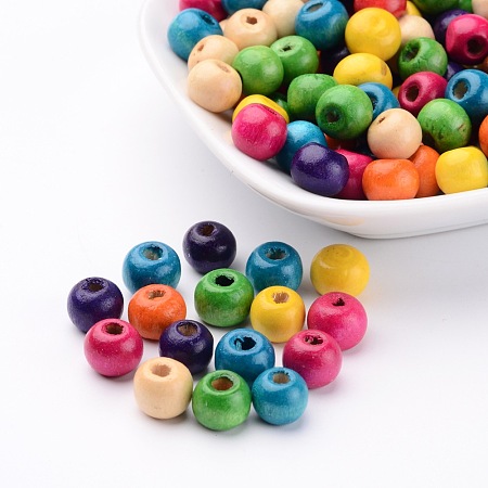Honeyhandy Dyed Natural Wood Beads, Round, Lead Free, Mixed Color, 8x7mm, Hole: 3mm