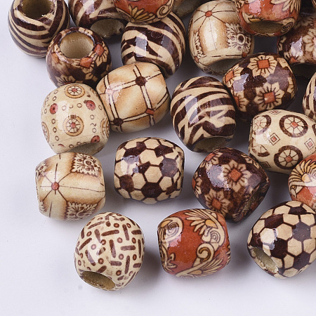 Honeyhandy Printed Natural Wood Large Hole Beads, Barrel, Lead Free, Mixed Color, 16x14.5~16.5mm, Hole: 7.5mm