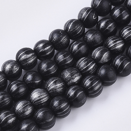 ARRICRAFT Dyed Natural Wooden Beads Strands, Large Hole Beads, with Wavy Pattern, Lead Free, Round, Black, 10x2mm, Hole: 9mm, about 108pcs/strand, 37.01 inches