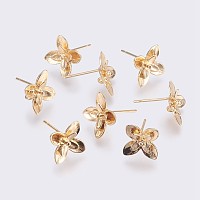 ARRICRAFT Brass Stud Earring Findings, Long-Lasting Plated, Flower, Nickel Free, Real 18K Gold Plated, 10.5x11x3mm, Pin: 0.8mm