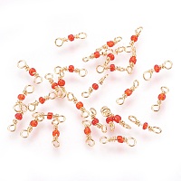 Brass Links connectors, with Glass Beads, Infinity, Nickel Free, Real 18K Gold Plated, Red, 10~11x3x2mm, Hole: 1.4~1.6mm