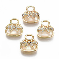 Arricraft Natural Freshwater Shell Charms, with Brass Findings and Clear Cubic Zirconia, Nickel Free, Bag, Real 18K Gold Plated, 13x12x4.5mm, Hole: 3x2mm