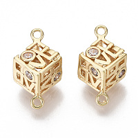 Honeyhandy Brass Micro Pave Cubic Zirconia Links Connectors, Hollow, Cube with Word Love, Nickel Free, Clear, Real 18K Gold Plated, 15x10x9mm, Hole: 1mm
