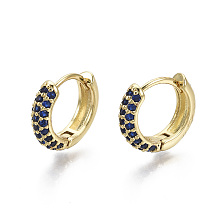 Honeyhandy Brass Micro Pave Cubic Zirconia Huggie Hoop Earrings, Real 18K Gold Plated, Nickel Free, Ring, Blue, 13x15.5x4mm, Pin: 0.8mm