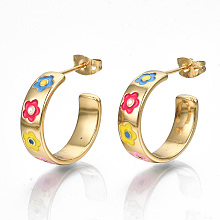 Honeyhandy Brass Enamel Stud Earrings, Half Hoop Earrings, with Ear Nuts, Nickel Free, Ring with Flower, Real 16K Gold Plated, Colorful, 20x6mm, Pin: 0.8mm