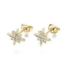 Honeyhandy Brass Micro Pave Clear Cubic Zirconia Stud Earrings, with Ear Nuts, Nickel Free, Star, Real 16K Gold Plated, 9x9mm, Pin: 0.7mm