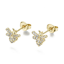 Honeyhandy Brass Micro Pave Clear Cubic Zirconia Stud Earrings, with Ear Nuts, Nickel Free, Bees, Real 16K Gold Plated, 8x8.5mm, Pin: 0.8mm