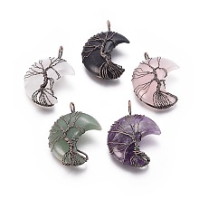 Honeyhandy Natural Mixed Stone Tree of Life Wire Wrapped Pendants, with Brass Findings, Crescent Moon, Red Copper, 44~46x26~32x12.5mm, Hole: 6.5x4.5mm