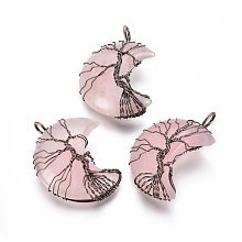 Honeyhandy Natural Rose Quartz Tree of Life Wire Wrapped Pendants, with Brass Findings, Crescent Moon, Red Copper, 44~46x26~32x12.5mm, Hole: 6.5x4.5mm