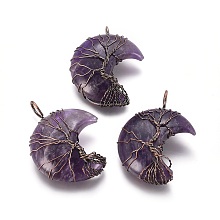 Honeyhandy Natural Amethyst Tree of Life Wire Wrapped Pendants, with Brass Findings, Crescent Moon, Red Copper, 44~46x26~32x12.5mm, Hole: 6.5x4.5mm