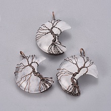 Honeyhandy Natural Quartz Crystal Tree of Life Wire Wrapped Pendants, with Brass Findings, Crescent Moon, Red Copper, 44~46x26~32x12.5mm, Hole: 6.5x4.5mm