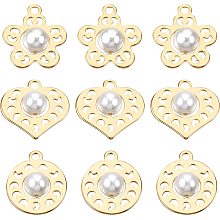 BENECREAT 18Pcs 18K Gold Plated Flower Charms with Imitation Pearl Heart Sun Shape Brass Charms for Craft and Jewelry Making Supplies