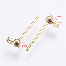 Honeyhandy Brass Stud Earrings Findings, with Loop, Long-Lasting Plated, Nickel Free, Round, Real 18K Gold Plated, 13mm, Hole: 1.2mm, Pin: 0.7mm, Ball: 3mm in diameter