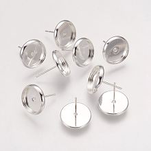 Honeyhandy Brass Stud Earring Settings, Nickel Free, Silver Color Plated, Tray: 10mm, 12x0.8mm