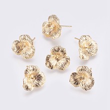 NBEADS Brass Stud Earrings Findings, with Loop, For Half Drilled Beads, Long-Lasting Plated, Flower, Nickel Free, Real 18K Gold Plated, 16x3mm, Hole: 0.8mm; Pin: 0.8mm