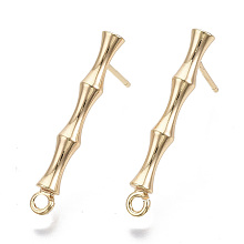 Honeyhandy Brass Stud Earring Findings, with Loop, Nickel Free, Bamboo, Real 18K Gold Plated, 23x3mm, Hole: 1.4mm, Pin: 1mm