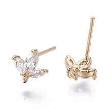 Honeyhandy Brass Micro Cubic Zirconia Stud Earring Findings, with Loop, Real 18K Gold Plated, Nickel Free, Flower, Clear, 8x8mm, Hole: 1mm, Pin: 0.8mm