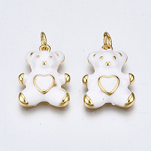 Honeyhandy Brass Enamel Pendants, with Jump Rings, Nickel Free, Real 16K Gold Plated, Bear with Heart, White, 18x13.5x3.5mm, Jump Ring: 5x0.8mm, 3mm inner diameter