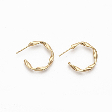 Honeyhandy Semicircular Brass Stud Earrings, Half Hoop Earrings, Twited Letter C Shape, Nickel Free, Real 18K Gold Plated, 23.5x22x3mm, Pin: 0.8mm