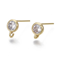 Honeyhandy Brass Micro Clear Cubic Zirconia Stud Earring Findings, with Loop, Nickel Free, Flat Round, Real 18K Gold Plated, 8x6mm, Hole: 1.2mm, Pin: 0.7mm