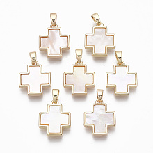 Honeyhandy Brass Charms, with Freshwater Shell, Nickel Free, Real 18k Gold Plated, Cross, Seashell Color, 15x13x2.5mm, Hole: 2x4mm