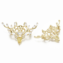 Brass Micro Pave Cubic Zirconia Brooch Findings, For Half Drilled Beads, Christmas Reindeer/Stag, Nickel Free, Real 18K Gold Plated, Tray: 8mm, 34x56mm, Pin: 1mm