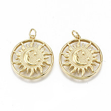 Honeyhandy Brass Pendants, with Jump Rings, Nickel Free, Sun with Moon, Real 16K Gold Plated, 24x22x3mm, Jump Ring: 5x0.8mm, 3.4mm inner diameter