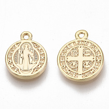 Honeyhandy Brass Charms, for Religion, Nickel Free, Flat Round with Saint Benedict Medal, Real 18K Gold Plated, 13x10.5x1.5mm, Hole: 1mm