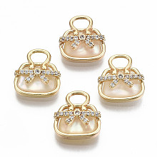 Arricraft Natural Freshwater Shell Charms, with Brass Findings and Clear Cubic Zirconia, Nickel Free, Bag, Real 18K Gold Plated, 13x12x4.5mm, Hole: 3x2mm