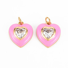 Honeyhandy Brass Enamel Pendants, with Clear Cubic Zirconia and Jump Ring, Nickel Free, Real 16K Gold Plated, Heart, Pearl Pink, 17.5x15.5x4.5mm, Hole: 3.5mm