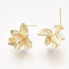 Honeyhandy Brass Stud Earring Findings, with Loop, Real 18K Gold Plated, Nickel Free, Flower, 13.5x15mm, Hole: 1.4mm, Pin: 0.8mm