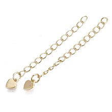 Honeyhandy Brass Chain Extender, Cable Chain, Nickel Free, with Heart Shape Charms, Real 18K Gold Plated, 53mm, Link: 4x3x0.4mm, Inner Size: 3x2mm, Heart: 6.5x5x0.5mm