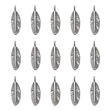 Honeyhandy Tibetan Style Alloy Pendants, Lead Free & Cadmium Free & Nickel Free, Feather, Antique Silver, about 9mm wide, 30mm high, 2mm thick, hole: 2mm