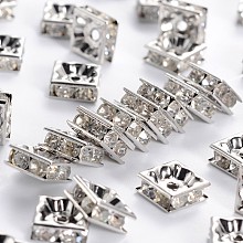 Honeyhandy Brass Rhinestone Spacer Beads, Grade A, Nickel Free, Platinum Metal Color, Square, Crystal, 8x8x4mm, Hole: 1mm