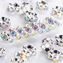 Honeyhandy Brass Rhinestone Spacer Beads, Grade AAA, Wavy Edge, Nickel Free, Silver Color Plated, Rondelle, Crystal AB, 6x3mm, Hole: 1mm