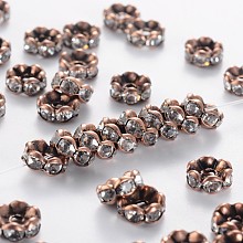 Honeyhandy Brass Rhinestone Spacer Beads, Grade AAA, Wavy Edge, Nickel Free, Red Copper Metal Color, Rondelle, Crystal, 8x3.8mm, Hole: 1.5mm