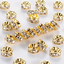 Honeyhandy Brass Rhinestone Spacer Beads, Grade AAA, Straight Flange, Nickel Free, Golden Metal Color, Rondelle, Crystal, 8x3.8mm, Hole: 1.5mm