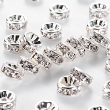 Honeyhandy Brass Rhinestone Spacer Beads, Grade AAA, Straight Flange, Nickel Free, Silver Color Plated, Rondelle, Crystal, 8x3.8mm, Hole: 1.5mm