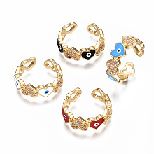 Honeyhandy Brass Micro Pave Clear Cubic Zirconia Cuff Rings, Open Rings, with Enamel, Nickel Free, Heart with Evil Eye, Real 16K Gold Plated, Mixed Color, US Size 7 3/4(17.9mm)