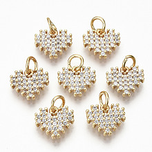 Honeyhandy Brass Micro Pave Clear Cubic Zirconia Charms, Nickel Free, Heart, Real 18K Gold Plated, 9x10x2mm, Jump Ring: 5x0.8mm, 3mm inner diameter