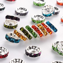 Honeyhandy Brass Grade A Rhinestone Spacer Beads, Silver Color Plated, Nickel Free, Mixed Color, 10x4mm, Hole: 2mm